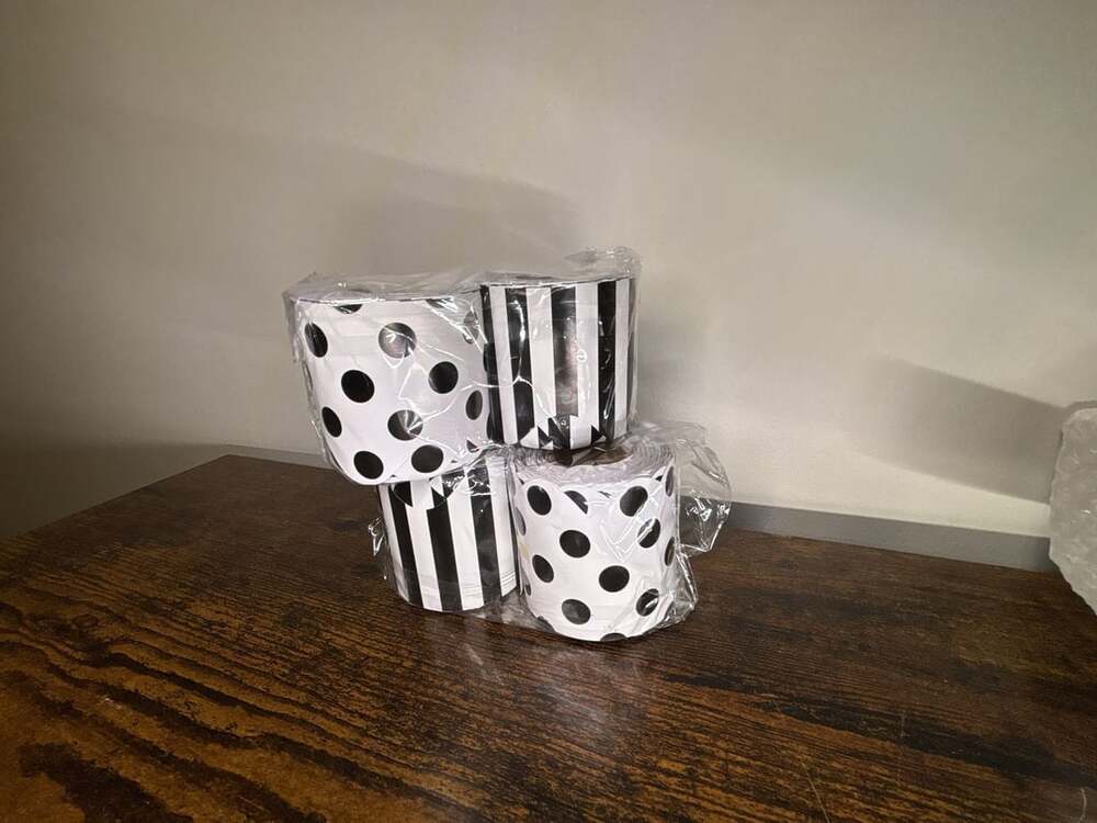 4 pack. Carson Dellosa Black and White Stripes & Polka Dot Rolled Bulletin Board